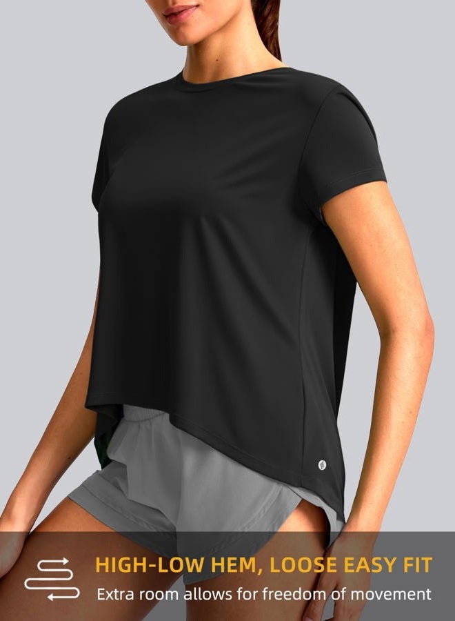 SANTINY Short Sleeve Workout Tops for Women Loose Yoga T-Shirts Sun Protection Breathable Running Athletic Tee Shirts, Black, L - Image 4