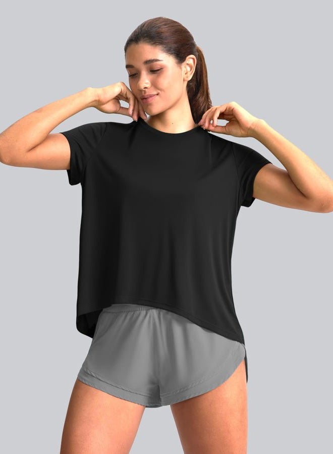 SANTINY Short Sleeve Workout Tops for Women Loose Yoga T-Shirts Sun Protection Breathable Running Athletic Tee Shirts, Black, L - Image 2