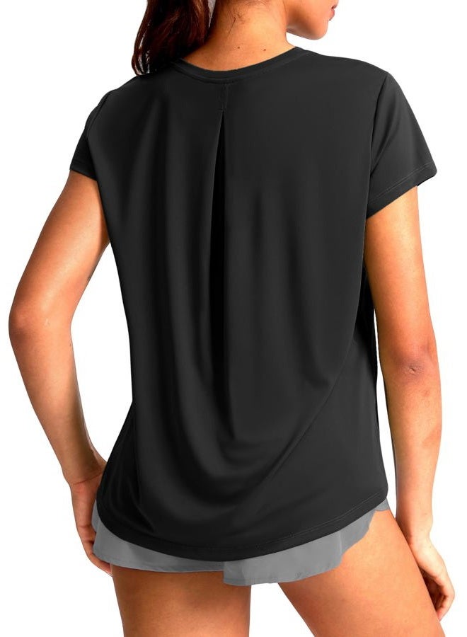 SANTINY Short Sleeve Workout Tops for Women Loose Yoga T-Shirts Sun Protection Breathable Running Athletic Tee Shirts, Black, L - Image 1