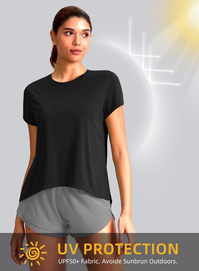 SANTINY Short Sleeve Workout Tops for Women Loose Yoga T-Shirts Sun Protection Breathable Running Athletic Tee Shirts, Black, L - Image 3