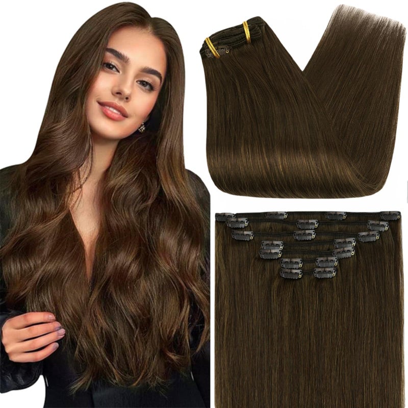 Full Shine Brown Clip in Human Hair 7 Pcs Natural Brown Clip in Extensions Real Human Hair Triple Weft Clip in Hair Extensions Brazilian Remy Hair for Short 12 Inch 95 G
