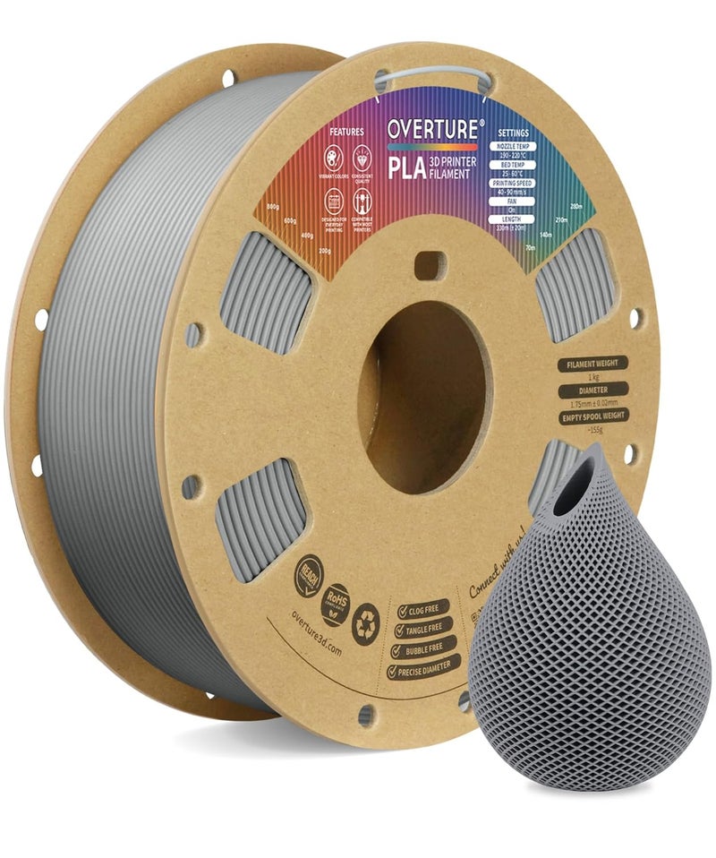 OVERTURE PLA Filament 1.75mm, Neatly Wound 3D Printer Filament 1kg Spool (2.2lbs), Dimensional Accuracy +/- 0.02 mm, Fit Most FDM 3D Printers (Light Gray) - Image 1