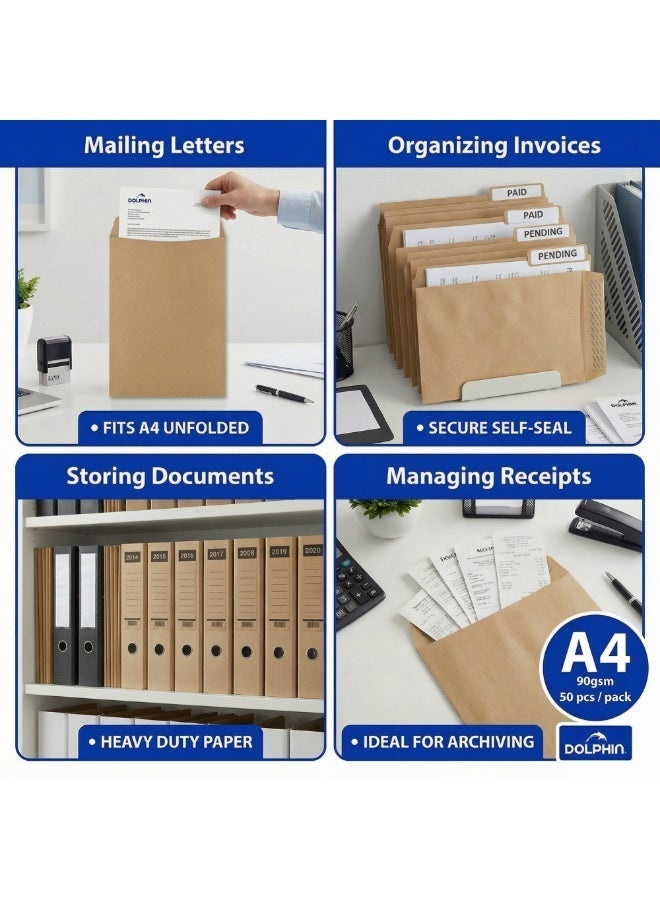 Dolphin A4 Brown Envelopes 9 × 12.75 Inch, 90 GSM Self-Sealing Mailing Envelopes, Pack of 50, Made in Malaysia brown - Image 5