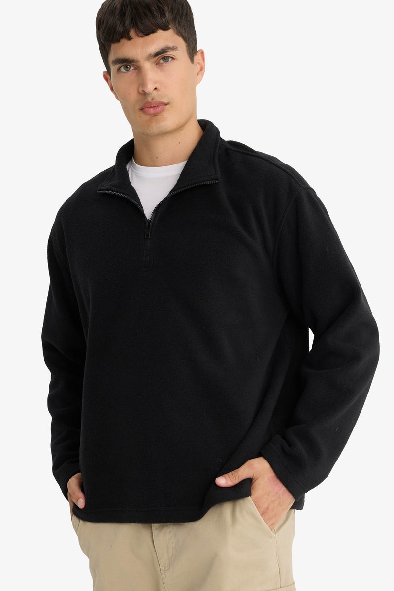 DeFacto Black Man Relax Fit Half Zippered Fleece Sweatshirt Casual - Image 1