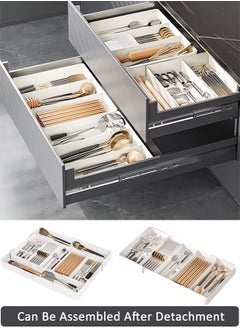 Beauenty Tableware Organizer Expandable Utensil Drawer Organizer Adjustable Tableware Drawer Organizer, Flatware Cutlery Tableware Tray for Spoons Forks Knives Kitchen Organizers Storage（White-3 Compartments  - Image 1