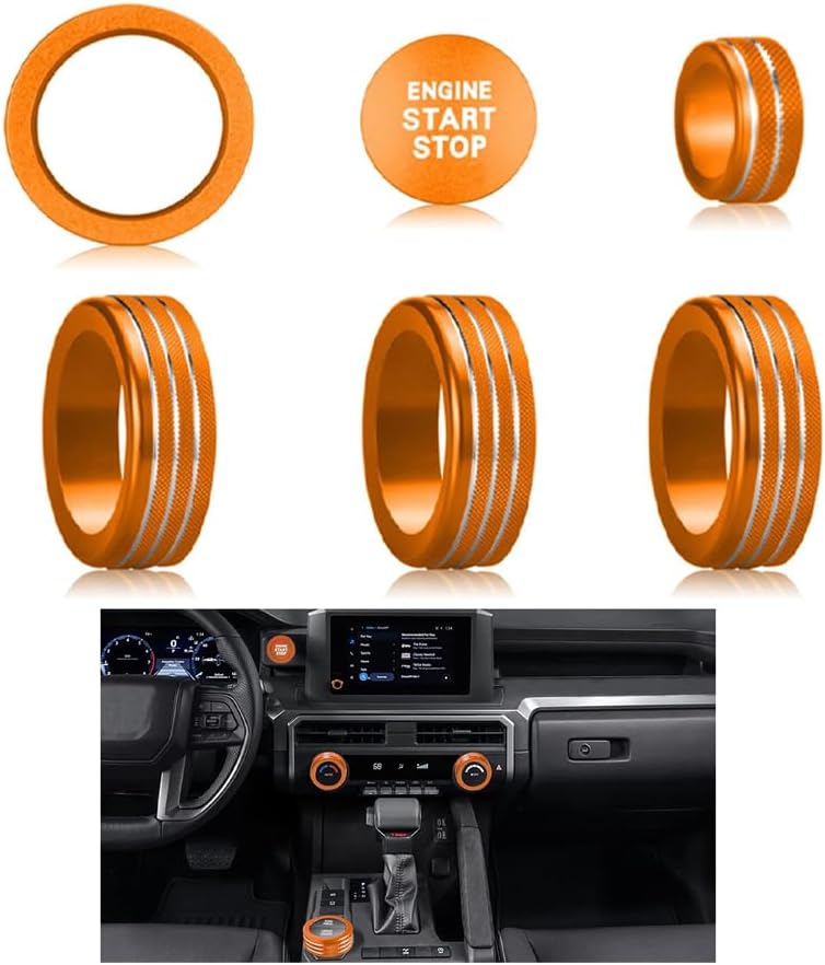HDUFC For Toyota Tacoma 2024 2025/4Runner/4Runner Hybrid 2025 One Touch Start, Screen Center Console Button Knob Cover Ring Air Conditioner AC Switch Audio Aluminum Alloy Parts 6pcs (8-inch screen, orange) - Image 1