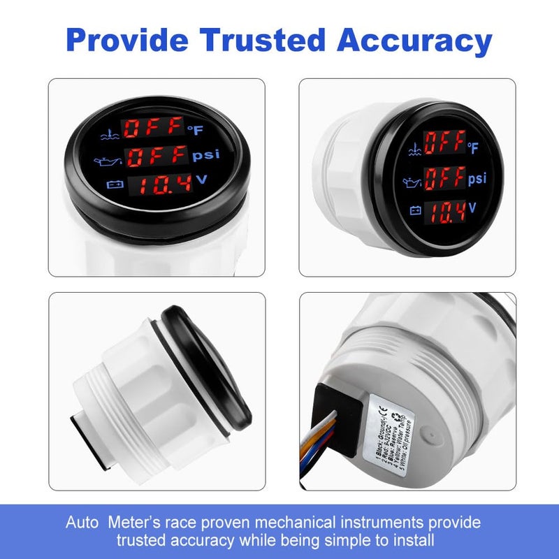 WATERWICH 2inch 52mm 3 in 1 Triple Gauge Set Water Temperature Gauge F Oil Pressure Gauge PSI Voltmeter for Car Truck Boat Vehicle Marine - Image 4