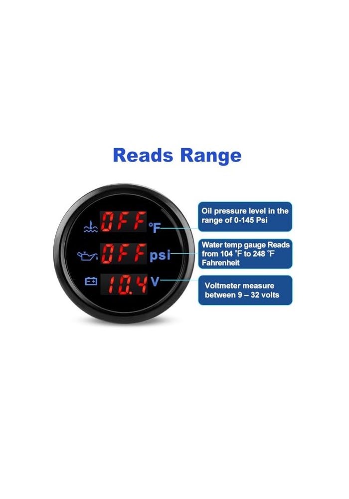 WATERWICH 2inch 52mm 3 in 1 Triple Gauge Set Water Temperature Gauge F Oil Pressure Gauge PSI Voltmeter for Car Truck Boat Vehicle Marine - Image 3