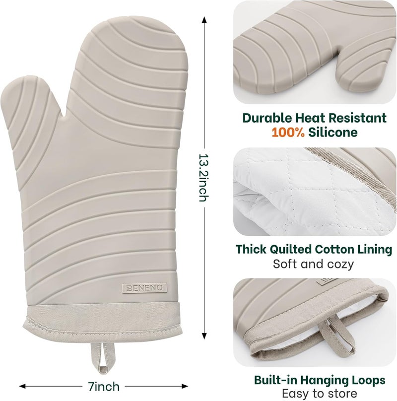 Beneno Heat Resistant Silicone Oven Mitts BPA-Free, Non-Slip Textured Grip & Quilted Cotton Lining, Waterproof Kitchen Mitt 2-Pack Set, 7"x13", Beige - Image 2