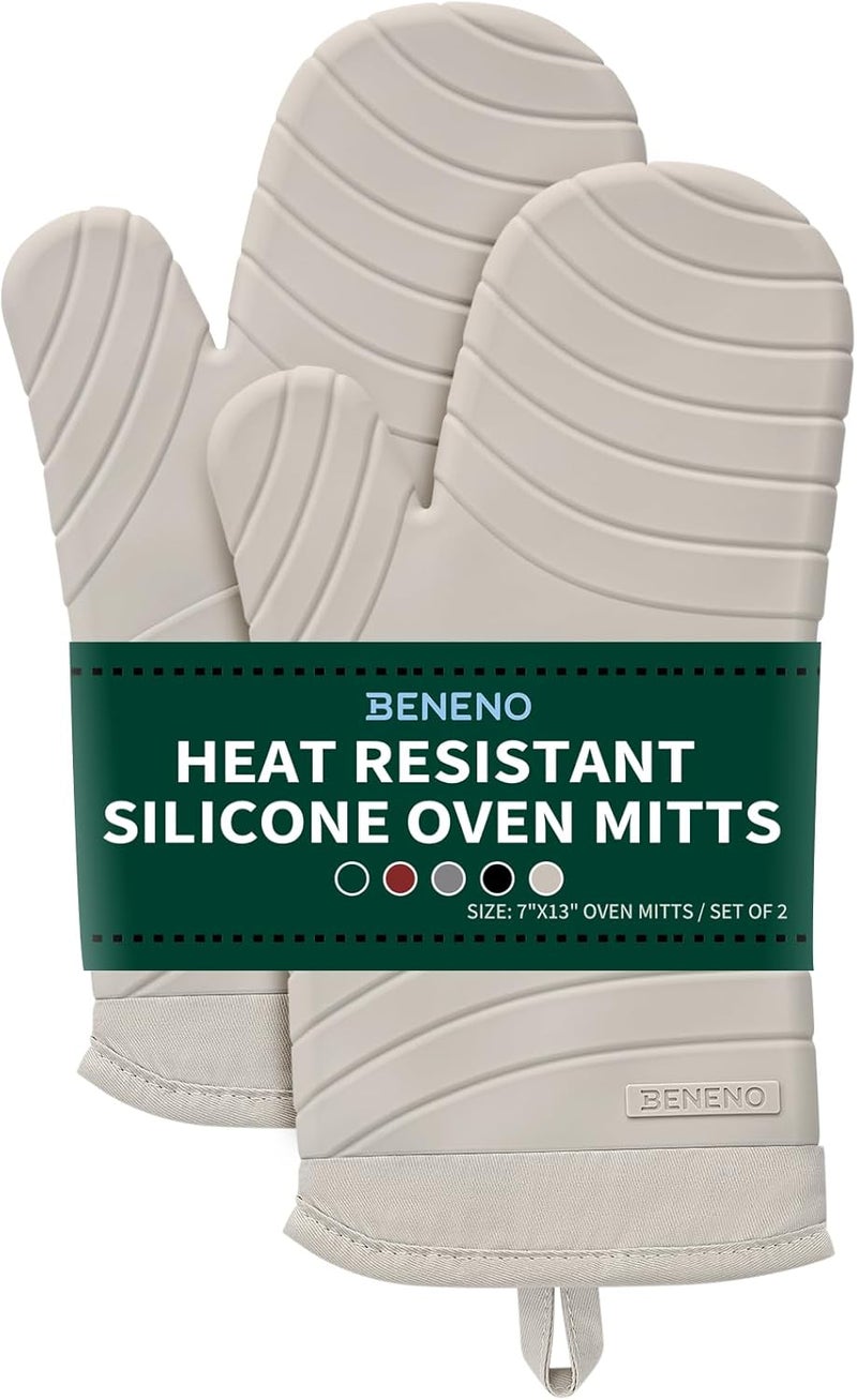 Beneno Heat Resistant Silicone Oven Mitts BPA-Free, Non-Slip Textured Grip & Quilted Cotton Lining, Waterproof Kitchen Mitt 2-Pack Set, 7"x13", Beige - Image 1