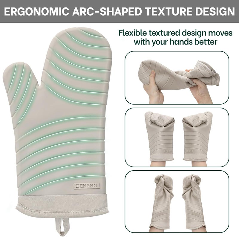 Beneno Heat Resistant Silicone Oven Mitts BPA-Free, Non-Slip Textured Grip & Quilted Cotton Lining, Waterproof Kitchen Mitt 2-Pack Set, 7"x13", Beige - Image 5