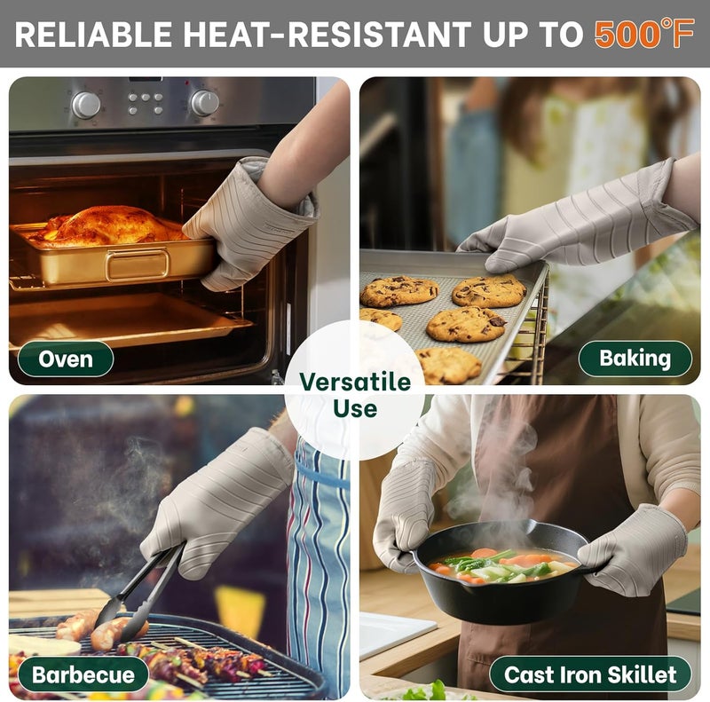 Beneno Heat Resistant Silicone Oven Mitts BPA-Free, Non-Slip Textured Grip & Quilted Cotton Lining, Waterproof Kitchen Mitt 2-Pack Set, 7"x13", Beige - Image 4