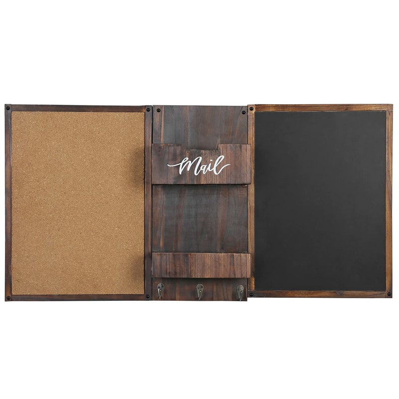 MyGift Rustic Burnt Wood Command Center Wall Organization Set with Chalkboard, Bulletin Cork Board, Mail Slot, Caddy Tray and 3 Key Holder Hooks - Image 5
