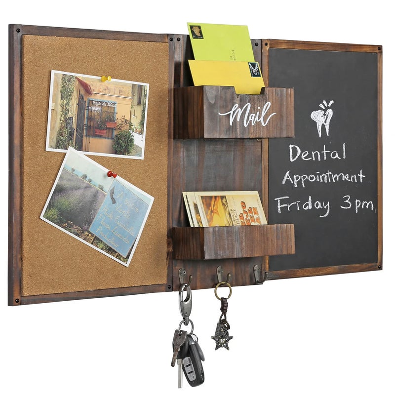 MyGift Rustic Burnt Wood Command Center Wall Organization Set with Chalkboard, Bulletin Cork Board, Mail Slot, Caddy Tray and 3 Key Holder Hooks - Image 1