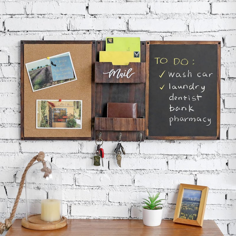MyGift Rustic Burnt Wood Command Center Wall Organization Set with Chalkboard, Bulletin Cork Board, Mail Slot, Caddy Tray and 3 Key Holder Hooks - Image 2