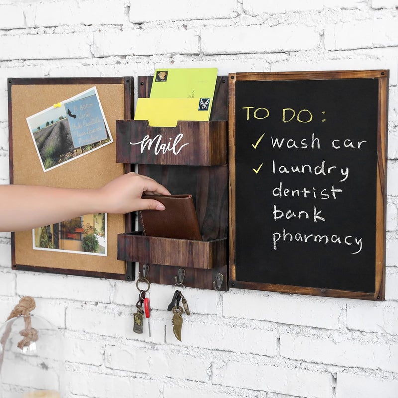 MyGift Rustic Burnt Wood Command Center Wall Organization Set with Chalkboard, Bulletin Cork Board, Mail Slot, Caddy Tray and 3 Key Holder Hooks - Image 3