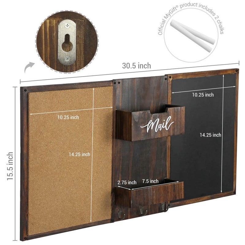 MyGift Rustic Burnt Wood Command Center Wall Organization Set with Chalkboard, Bulletin Cork Board, Mail Slot, Caddy Tray and 3 Key Holder Hooks - Image 4