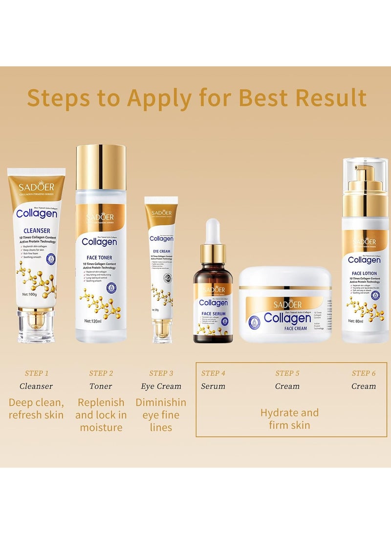 SADOER Collagen Skin Care Set, 6 Pcs Anti Aging Facial Care Sets for Women, Firming Skin, Shrink Pores, Smooth Wrinkles, Moisturizing Skin Care Kit Include Face Serum and Face Cream - Image 4