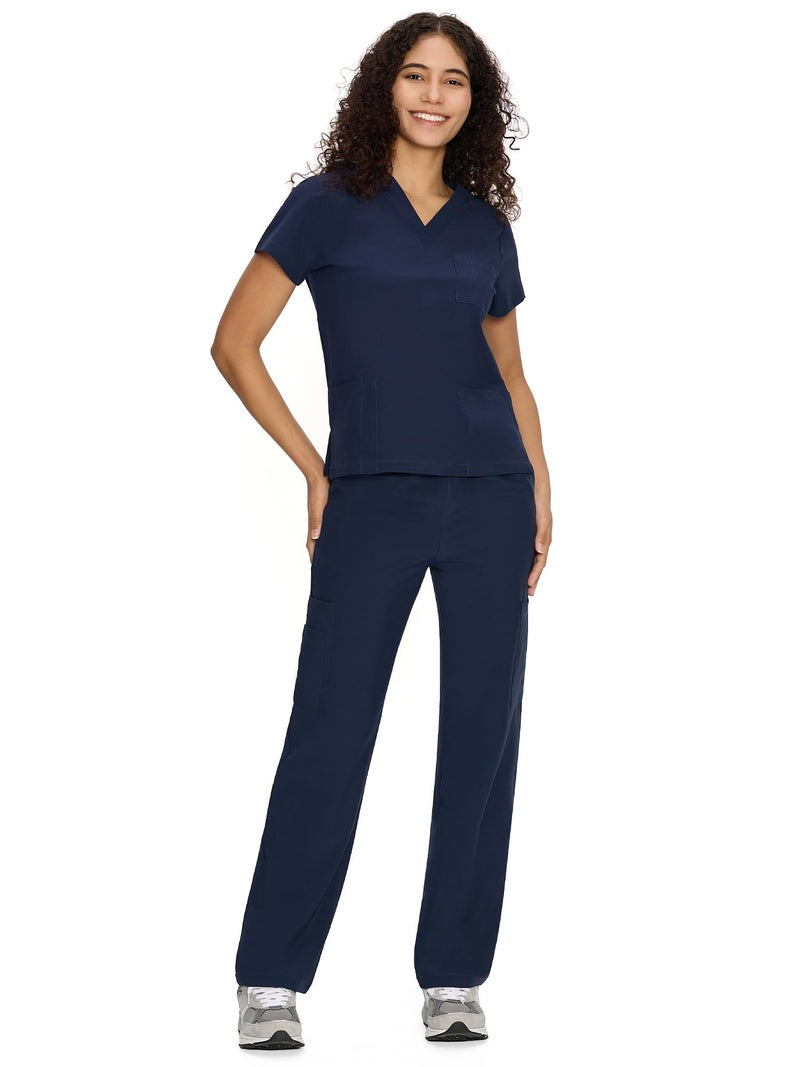 COZYFIT Scrubs for Women Set Medical Uniform - V-Neck Top & Straight Leg Pants with 9 Pockets, Unisex Workwear COZY SCRUBS, Navy Blue, L, Tall - Image 1