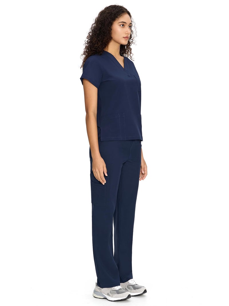 COZYFIT Scrubs for Women Set Medical Uniform - V-Neck Top & Straight Leg Pants with 9 Pockets, Unisex Workwear COZY SCRUBS, Navy Blue, L, Tall - Image 3