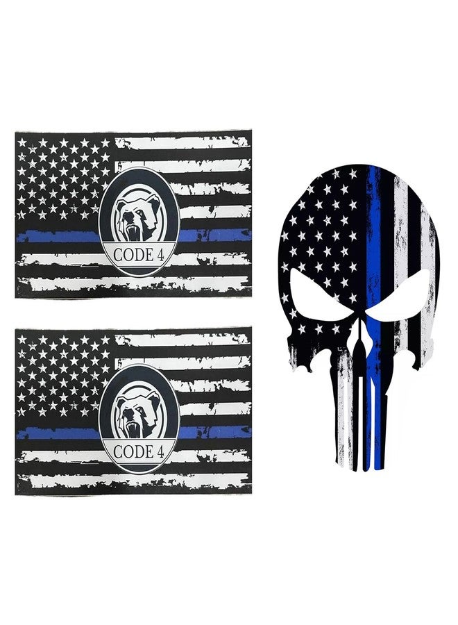 ColisPar 3pcs Car Decals Stickers US Flag with Thin Blue Line and Skull Laptop Car Stickers, Honoring Police Support Law Enforcement Stickers Van Trucks Motorcycle Laptop Decals Skateboard Bike Bumper Window - Image 1