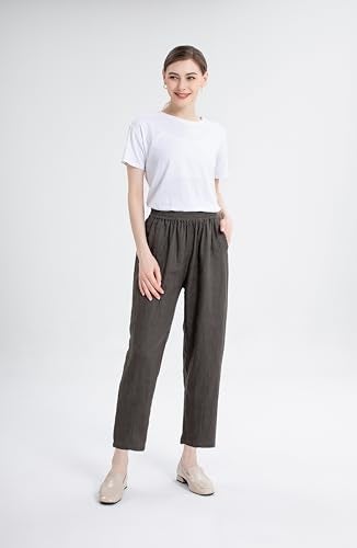 LaovanIn Women's Linen Cropped Pants Tapered Ankle Capris Trousers Elastic Waist Large Gray - Image 2