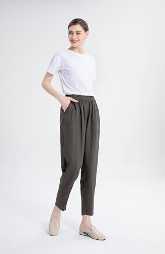 LaovanIn Women's Linen Cropped Pants Tapered Ankle Capris Trousers Elastic Waist Large Gray - Image 4