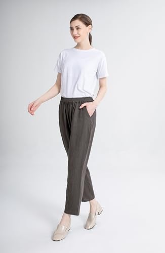 LaovanIn Women's Linen Cropped Pants Tapered Ankle Capris Trousers Elastic Waist Large Gray - Image 3