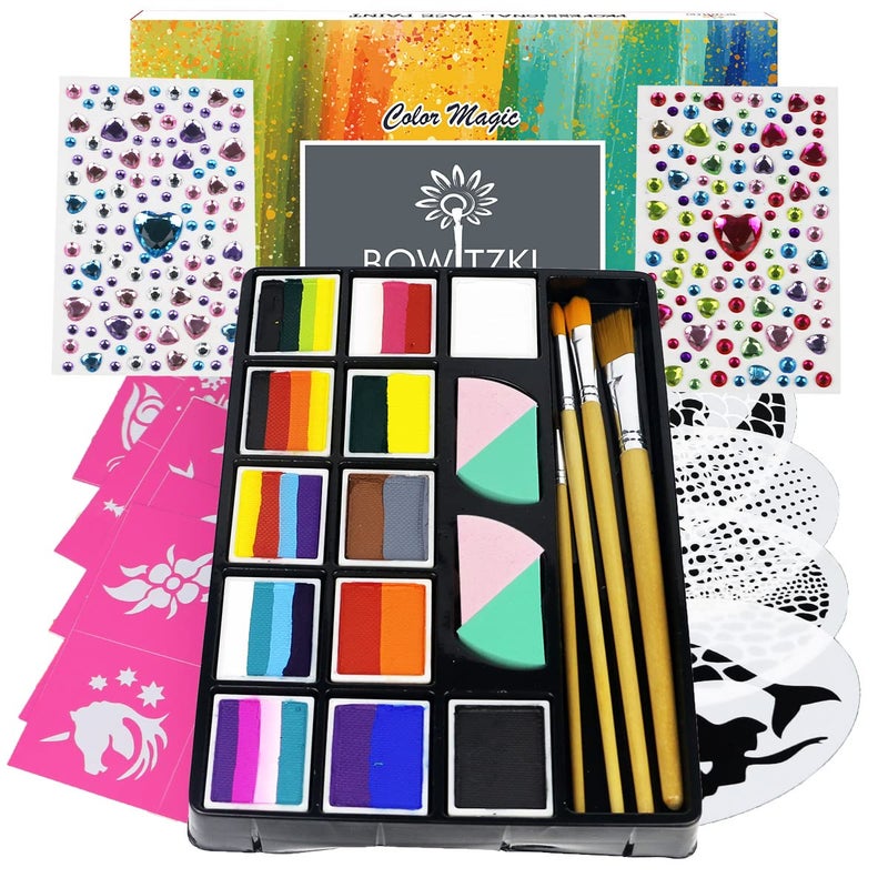 Bowitzki Face Paint Kit Professional Face Painting Set For Kids Adults 12 x 10gm Stencil One Stroke Split Cake Palette Non Toxic Rainbow Cakes Flora Unicorn Body Makeup Halloween Christmas Easter - Image 1