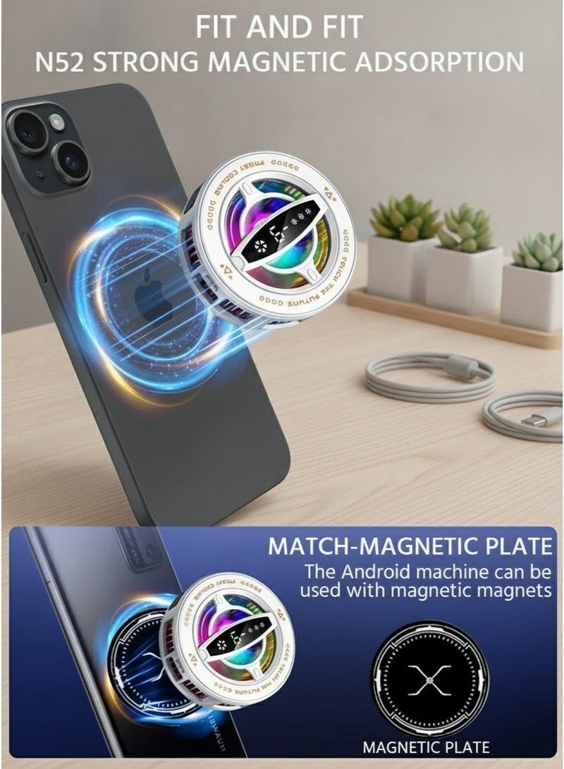 Magnetic Semiconductor Gaming Phone Cooler, RGB Light & Digital Temperature Display, Low Noise Back Clip Mobile Cooling Fan for Gaming, Live Stream Esports, Compatible with iPhone, Samsung, iPad (White) - Image 2