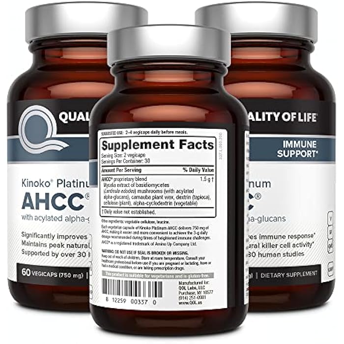 Quality of Life AHCC كينوكو بلاتينيوم 750 ملغ – مكمل دعم المناعة الفاخر، عبوة من 3 زجاجات سعة 60 عدداً - Image 2