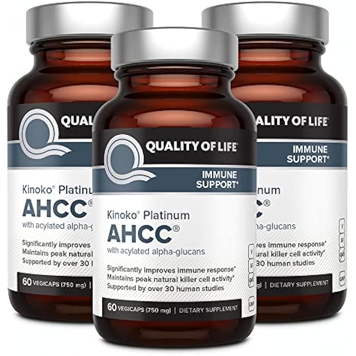 Quality of Life AHCC كينوكو بلاتينيوم 750 ملغ – مكمل دعم المناعة الفاخر، عبوة من 3 زجاجات سعة 60 عدداً - Image 1