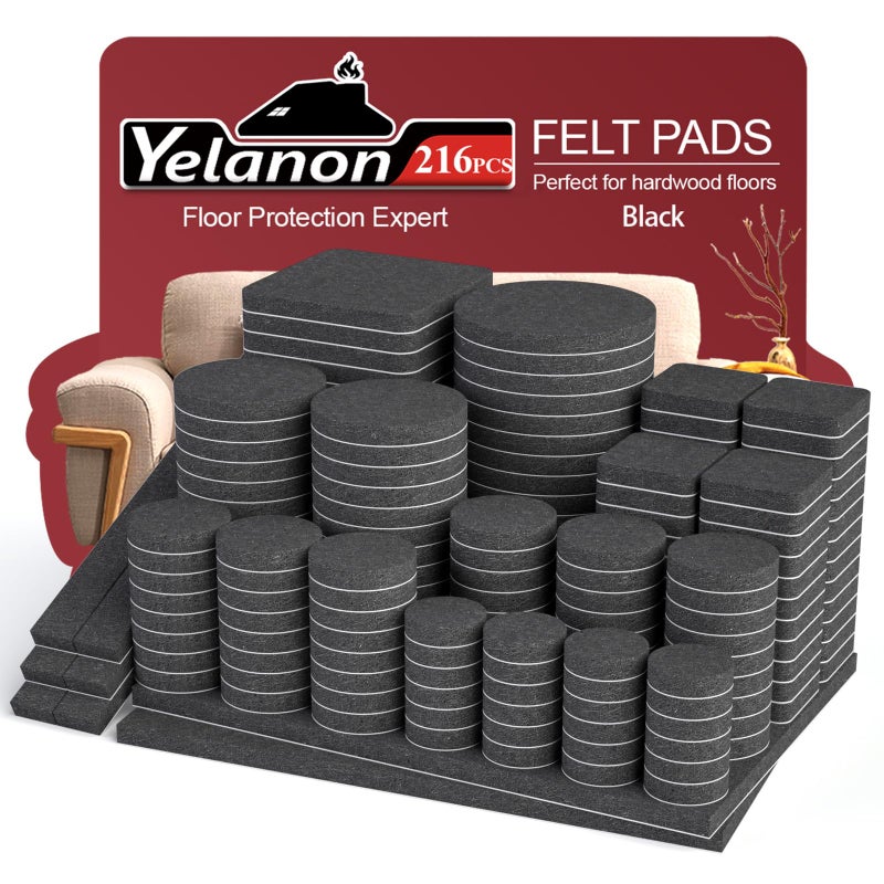 Yelanon Felt Furniture Pads for Hardwood Floors 216 Pcs Premium Felt Pads for Chair Legs Floor Protectors for Furniture Black