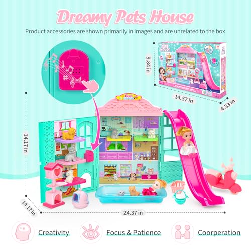 randhar Dollhouse of Pets Toy Play Set Foldable Pets Doll House with 31PCS Includes 2Dolls Motor Pool 6Little Pets Slide and Sounds PretendPlay Toddler Playhouse Ideal Gift for Children aged 3 - Image 5