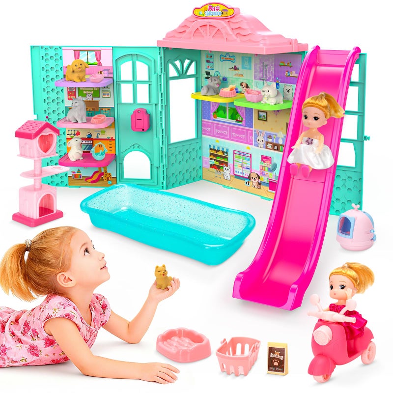 randhar Dollhouse of Pets Toy Play Set Foldable Pets Doll House with 31PCS Includes 2Dolls Motor Pool 6Little Pets Slide and Sounds PretendPlay Toddler Playhouse Ideal Gift for Children aged 3 - Image 3