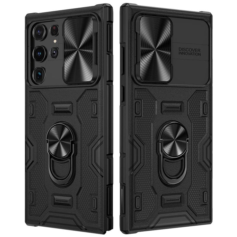 VEGO for Galaxy S22 Ultra Case with Slide Camera Cover, Built-in 360Â° Rotate Ring Kickstand Magnetic Shockproof Cover Case for Samsung Galaxy S22 Ultra 5G 6.8 inch 2022 Armor Style - Black - Image 1