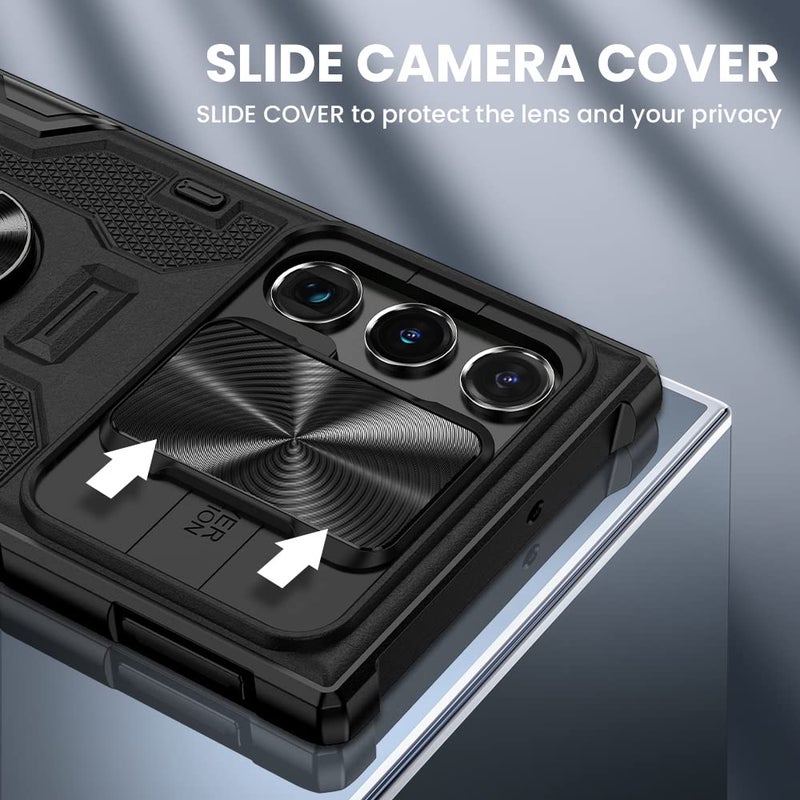 VEGO for Galaxy S22 Ultra Case with Slide Camera Cover, Built-in 360Â° Rotate Ring Kickstand Magnetic Shockproof Cover Case for Samsung Galaxy S22 Ultra 5G 6.8 inch 2022 Armor Style - Black - Image 3