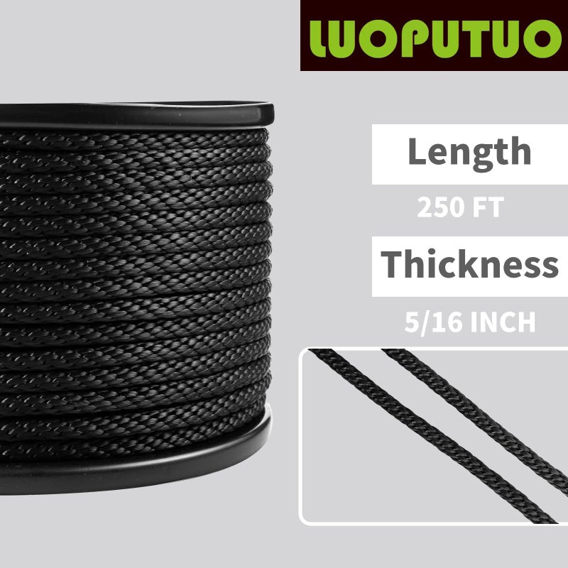 LUOPUTUO 5/16 Inch 250FT Black Polyester Solid Braid Rope | High UV & Abrasion Resistance | Industrial Grade, Low Stretch | Multipurpose for Flag Poles, Clotheslines - Image 2