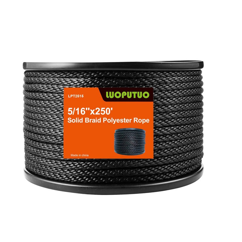 LUOPUTUO 5/16 Inch 250FT Black Polyester Solid Braid Rope | High UV & Abrasion Resistance | Industrial Grade, Low Stretch | Multipurpose for Flag Poles, Clotheslines - Image 1