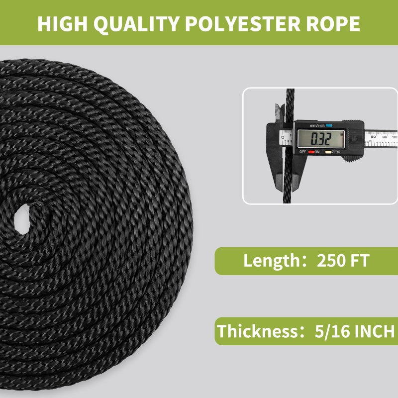 LUOPUTUO 5/16 Inch 250FT Black Polyester Solid Braid Rope | High UV & Abrasion Resistance | Industrial Grade, Low Stretch | Multipurpose for Flag Poles, Clotheslines - Image 4
