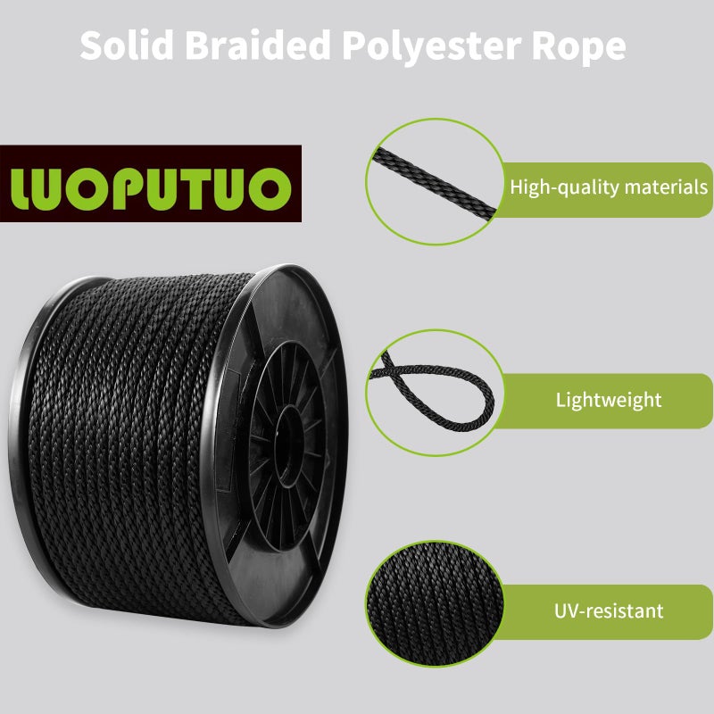 LUOPUTUO 5/16 Inch 250FT Black Polyester Solid Braid Rope | High UV & Abrasion Resistance | Industrial Grade, Low Stretch | Multipurpose for Flag Poles, Clotheslines - Image 3