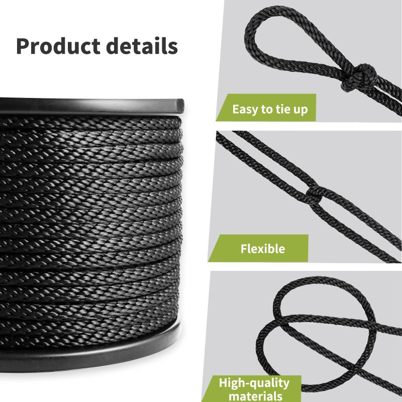 LUOPUTUO 5/16 Inch 250FT Black Polyester Solid Braid Rope | High UV & Abrasion Resistance | Industrial Grade, Low Stretch | Multipurpose for Flag Poles, Clotheslines - Image 5
