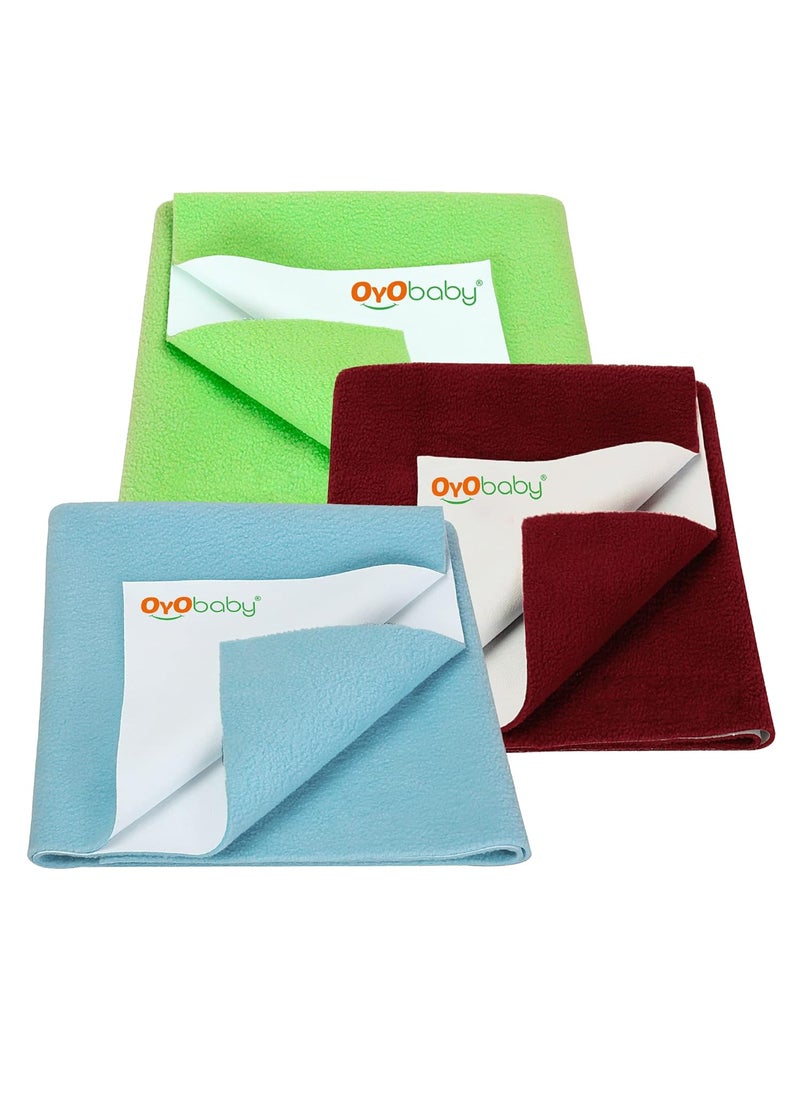 OYO BABY - OYO BABY Anti-Piling Fleece Extra Absorbent Instant Dry Sheet for Baby, Baby Bed Protector, Waterproof Sheet, Small Size 50x70cm, Combo Pack of 3, Blue, Maroon & Light Green, Cotton - Image 1
