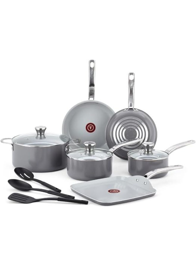 T-fal Fresh Gourmet Recycled Ceramic Non Stick Cookware Set 12 Piece, Oven Broiler Safe 500F, Lid Safe 350F, Kitchen Cooking Set W/Fry Pans, Saucepans, Dutch Oven, Utensils, Pots and Pans Set, Grey - Image 1