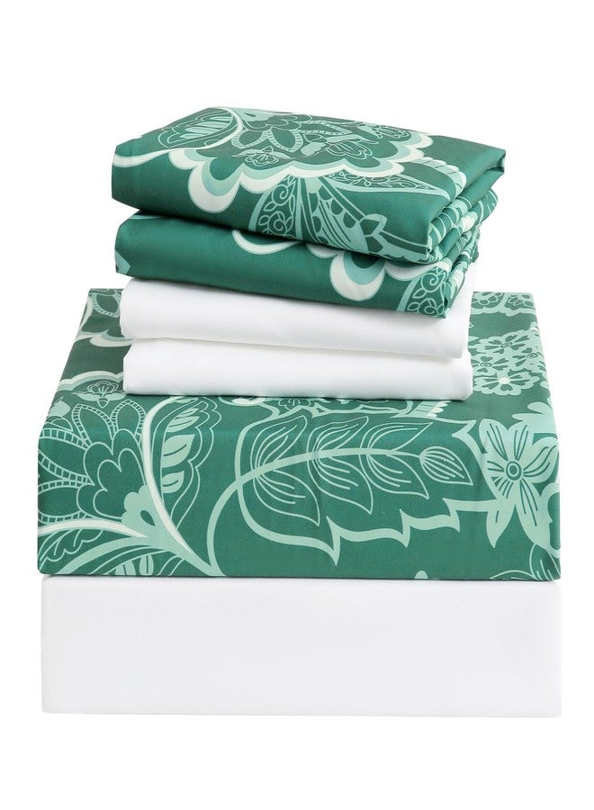 Swiftify Botanical 6-Piece Queen Bed Sheets Set, Boho Floral Print Brushed Microfiber Sheets, Cooling Bed Sheet Set, Ultra Soft & Breathable, 16' Deep Pocket Fitted Sheet & Pillowcase Set, Green Paisley - Image 1