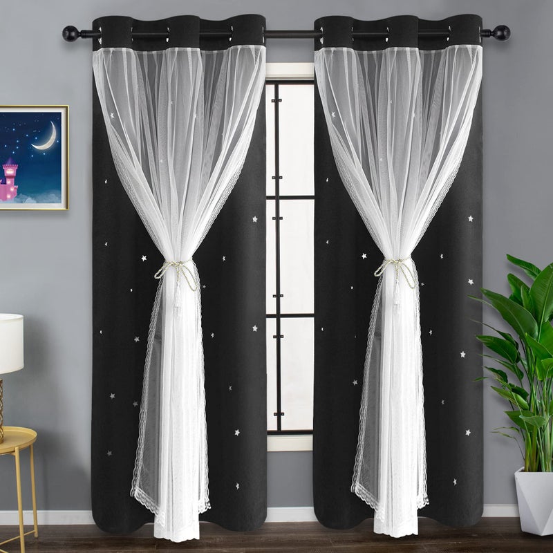 Kinryb Black Star Curtains 2 Layer Kids Blackout Curtains Mix and Match Curtain for Bedroom Thermal Insulated Drape for Living Room 42"" W x 72"" L Black Set of 2 with Tiebacks - Image 1