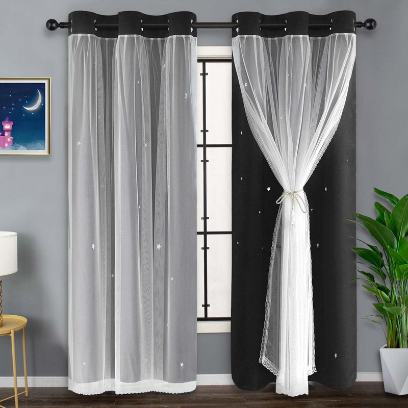 Kinryb Black Star Curtains 2 Layer Kids Blackout Curtains Mix and Match Curtain for Bedroom Thermal Insulated Drape for Living Room 42"" W x 72"" L Black Set of 2 with Tiebacks - Image 4