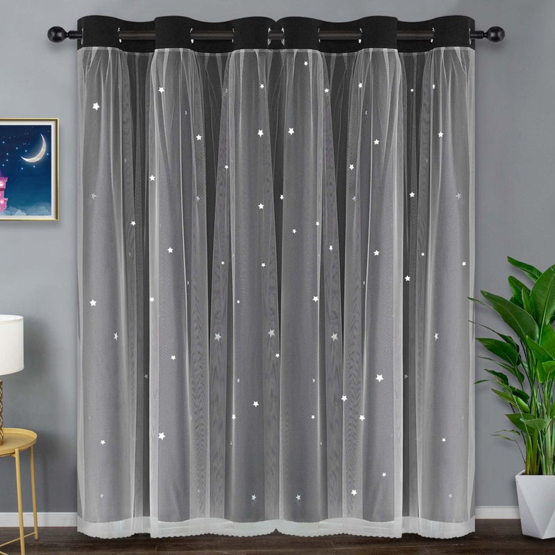 Kinryb Black Star Curtains 2 Layer Kids Blackout Curtains Mix and Match Curtain for Bedroom Thermal Insulated Drape for Living Room 42"" W x 72"" L Black Set of 2 with Tiebacks - Image 2