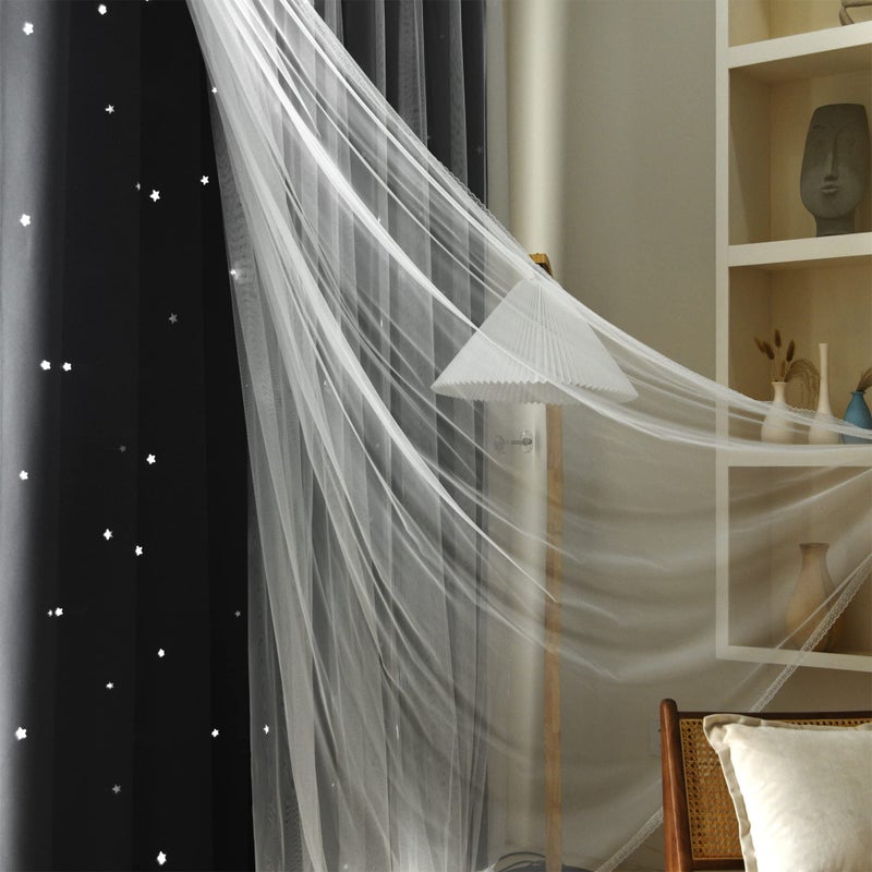 Kinryb Black Star Curtains 2 Layer Kids Blackout Curtains Mix and Match Curtain for Bedroom Thermal Insulated Drape for Living Room 42"" W x 72"" L Black Set of 2 with Tiebacks - Image 3