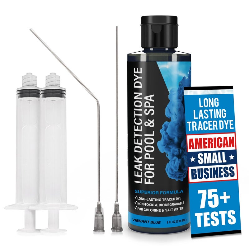 Escentile Pool Leak Detection Dye Kit - 75+ Tests - 2 Stainless Steel Precision Applicators - Superior Long Lasting Pool Dye Easily Locates Leaks - for All Pool, Spa, & Hot Tub Types - 8 OZ (Vibrant Blue) - Image 1